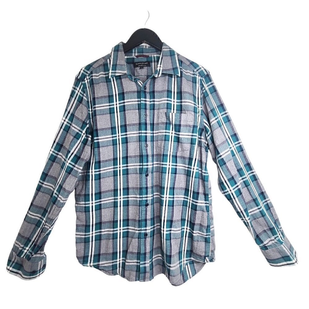Banana Republic Untucked Grey Green Plaid Lightweight Flannel Shirt